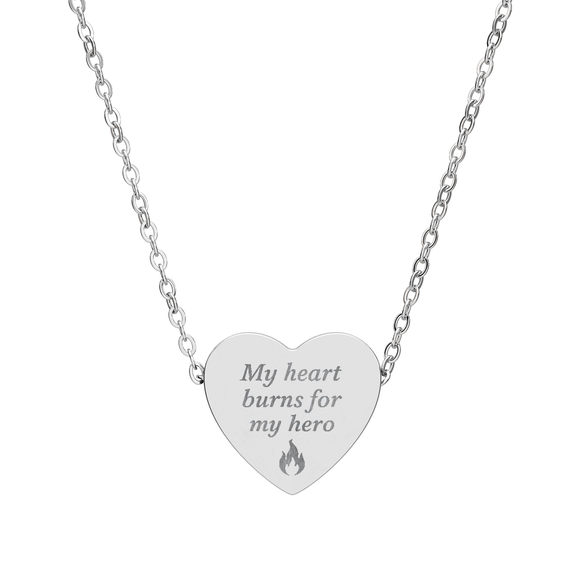 Engraved Heart Necklace — "My Heart Burns for My Hero" Pendant