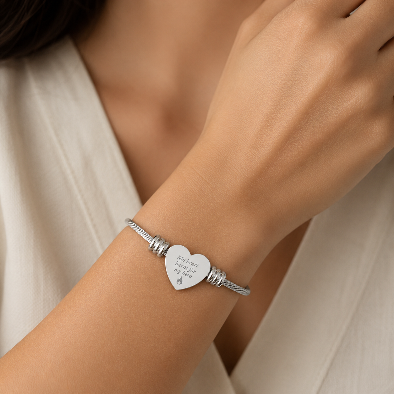 My Heart Burns For My Hero" Heart Charm Bracelet | Firefighter Wife Jewelry - Image 5