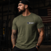 Dark olive Off Duty Hero tactical t-shirt with minimalist chest logo worn by off-duty firefighter