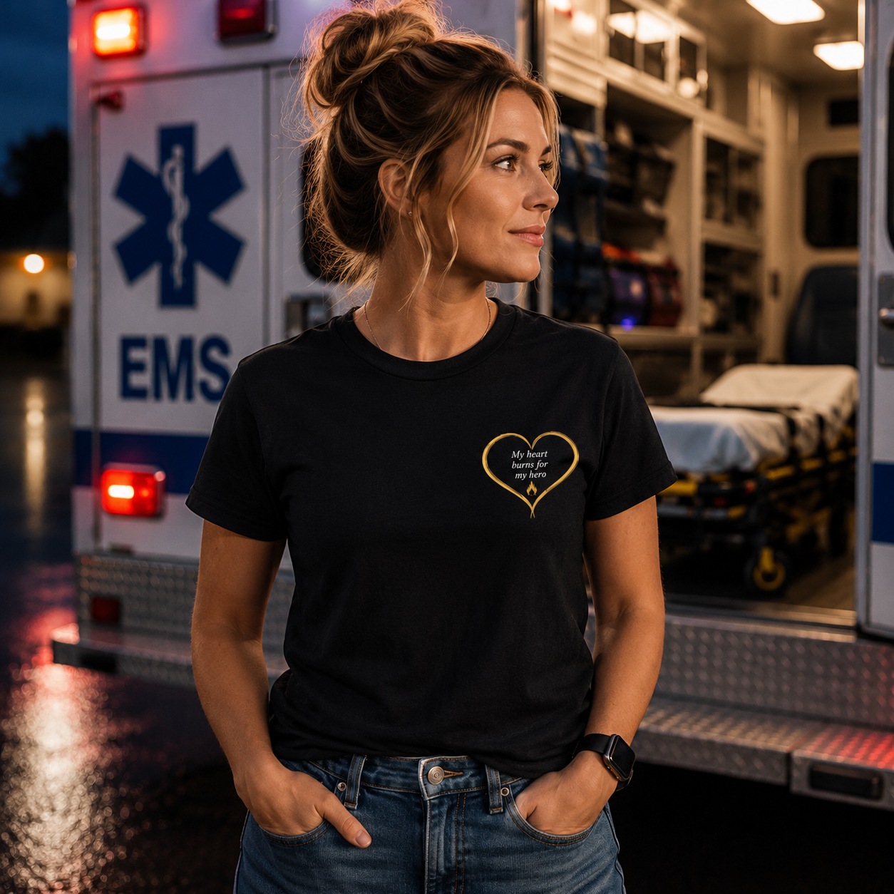 Heart Outline T-Shirt — "My Heart Burns For My Hero" Chest Heart Graphic