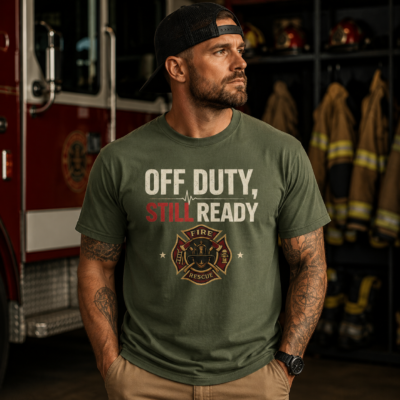 Alternative view of Firefighter Tee - "Off Duty, Still Ready" Graphic Shirt