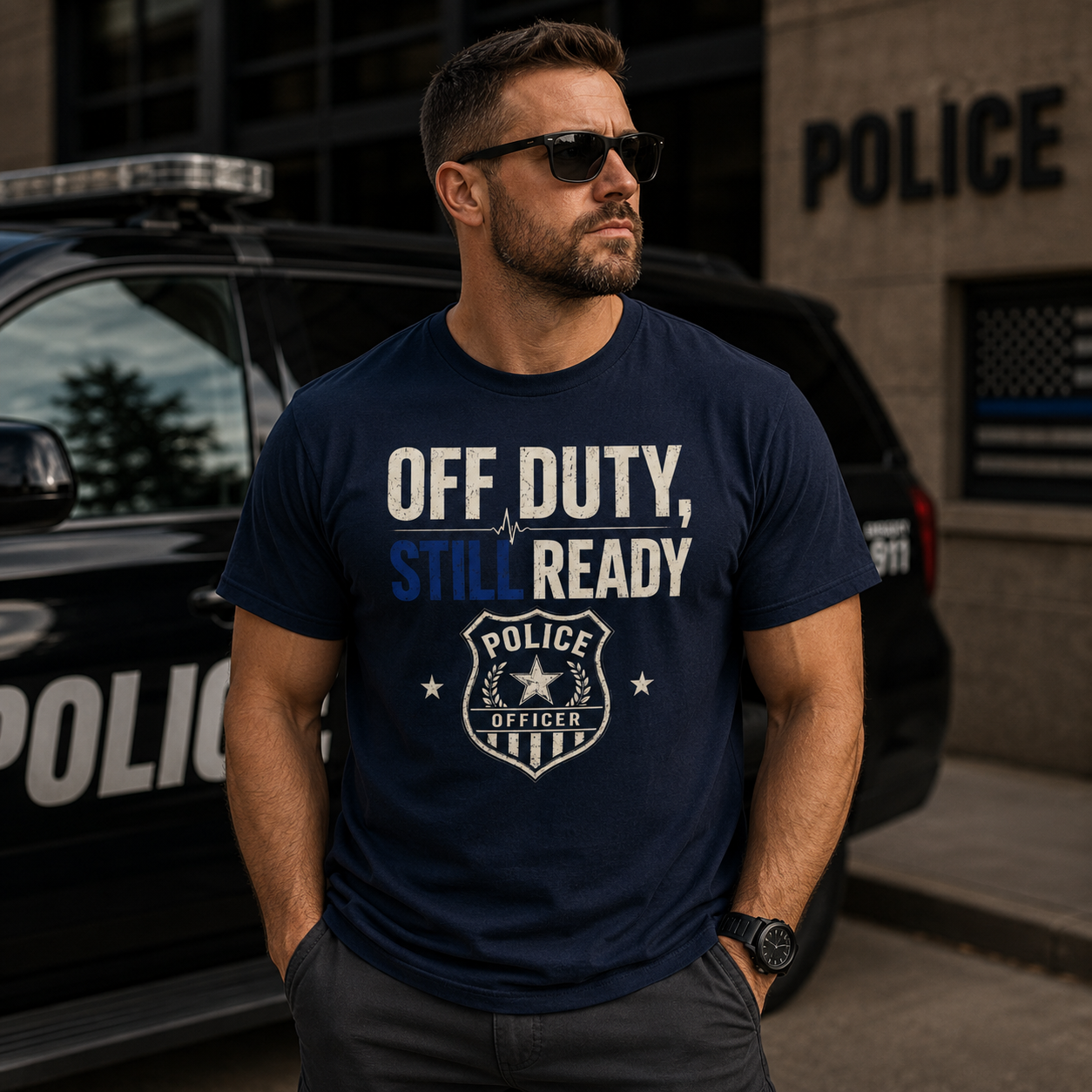 Off Duty Still Ready Police T-Shirt — Thin Blue Line Badge Tee for Officers & Supporters - Image 3