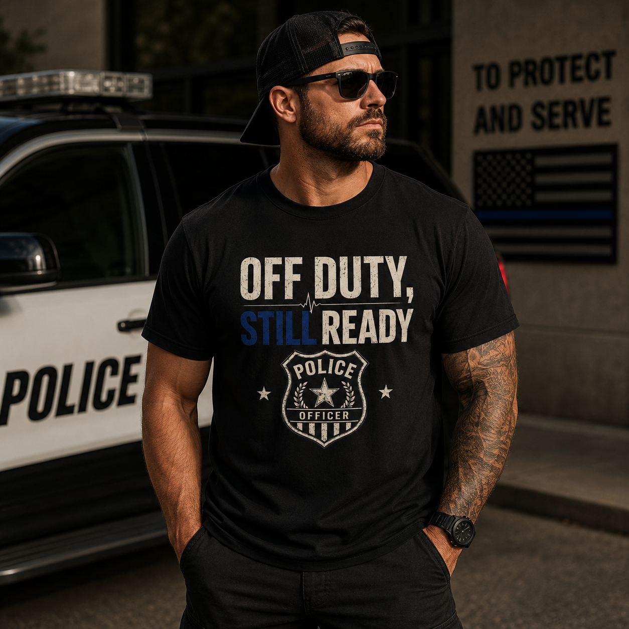 Off Duty Still Ready Police T-Shirt — Thin Blue Line Badge Tee for Officers & Supporters