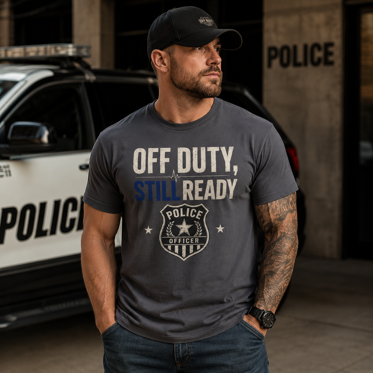 Off Duty Still Ready Police T-Shirt — Thin Blue Line Badge Tee for Officers & Supporters - Image 4
