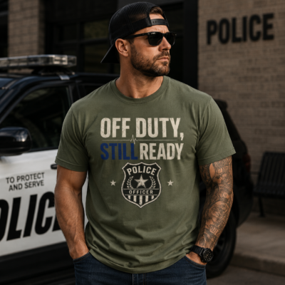 Alternative view of Off Duty Still Ready Police T-Shirt — Thin Blue Line Badge Tee for Officers & Supporters