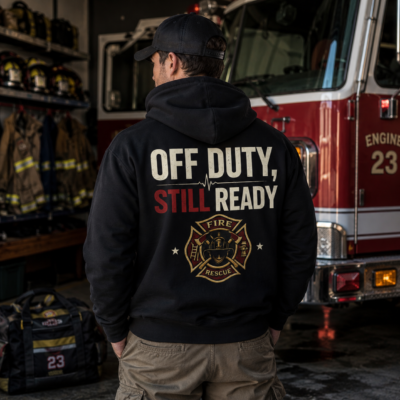 Firefighter Hoodie — “Off Duty Still Ready” Rescue Maltese Cross Hooded Sweatshirt
