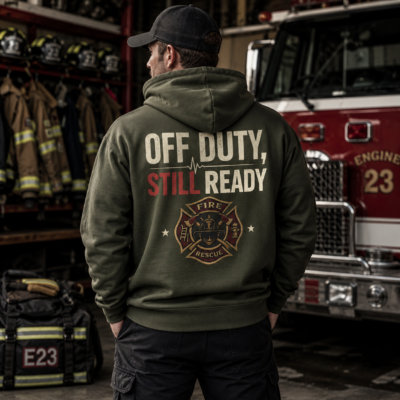 Alternative view of Firefighter Hoodie — “Off Duty Still Ready” Rescue Maltese Cross Hooded Sweatshirt