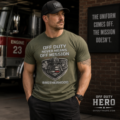 Alternative view of Off Duty Never Means Off Mission T-Shirt – Firefighter Brotherhood Tee