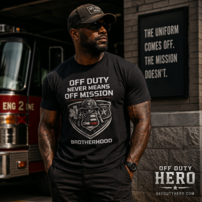 Off Duty Never Means Off Mission T-Shirt – Firefighter Brotherhood Tee