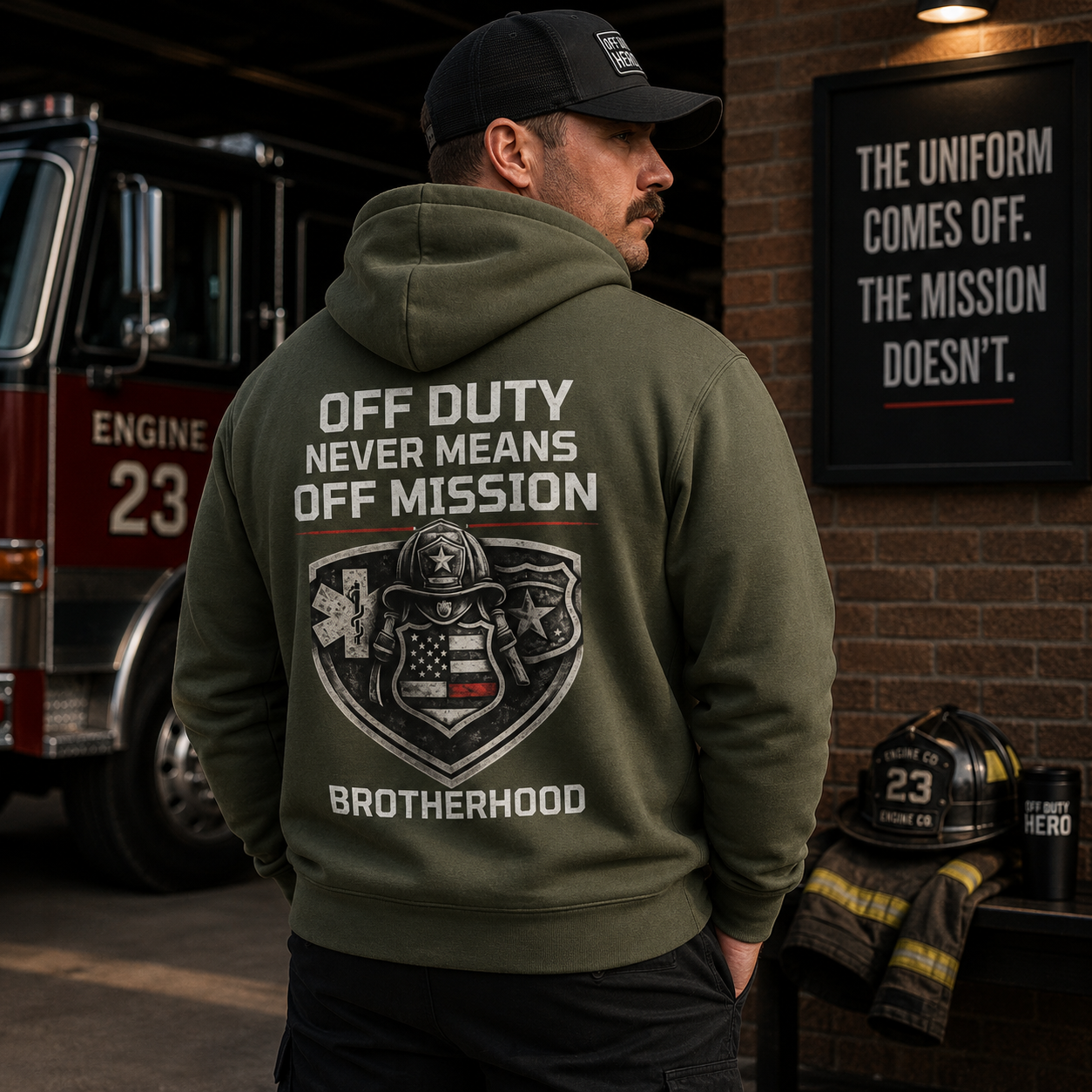 Brotherhood Hoodie — “Off Duty Never Means Off Mission” Veteran Shield Hoodie - Image 3