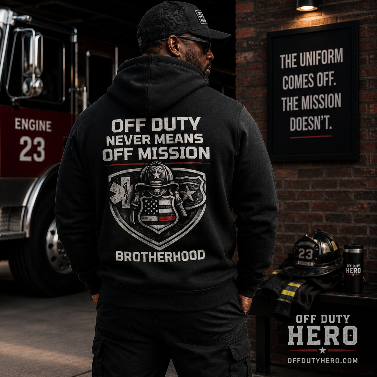 Brotherhood Hoodie — “Off Duty Never Means Off Mission” Veteran Shield Hoodie - Image 2