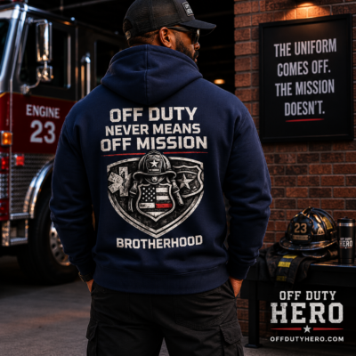 Brotherhood Hoodie — “Off Duty Never Means Off Mission” Veteran Shield Hoodie