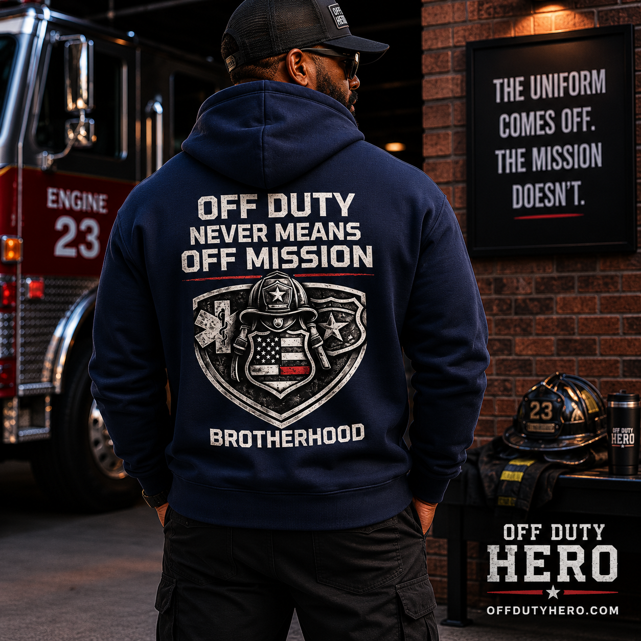 Brotherhood Hoodie — “Off Duty Never Means Off Mission” Veteran Shield Hoodie