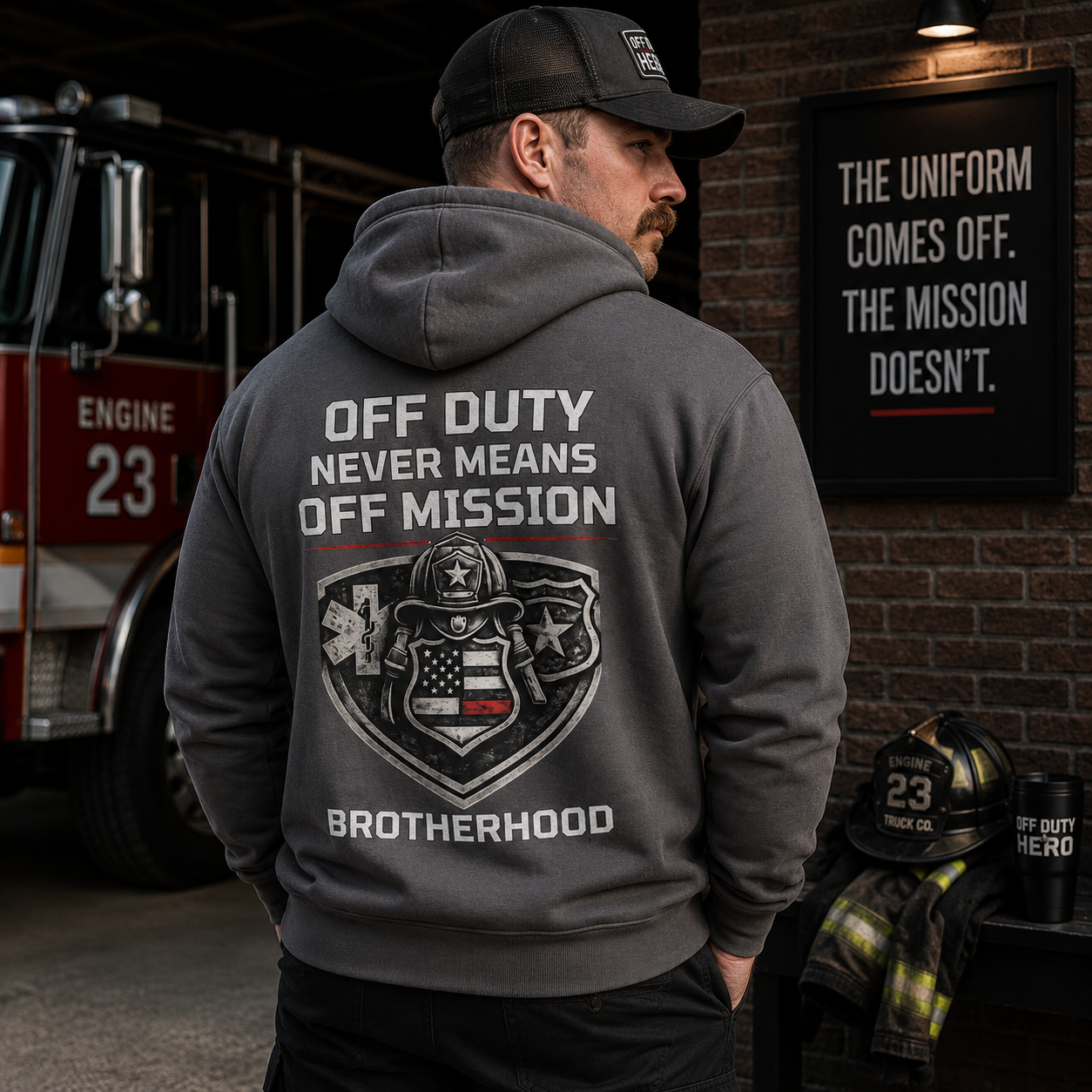 Brotherhood Hoodie — “Off Duty Never Means Off Mission” Veteran Shield Hoodie - Image 4