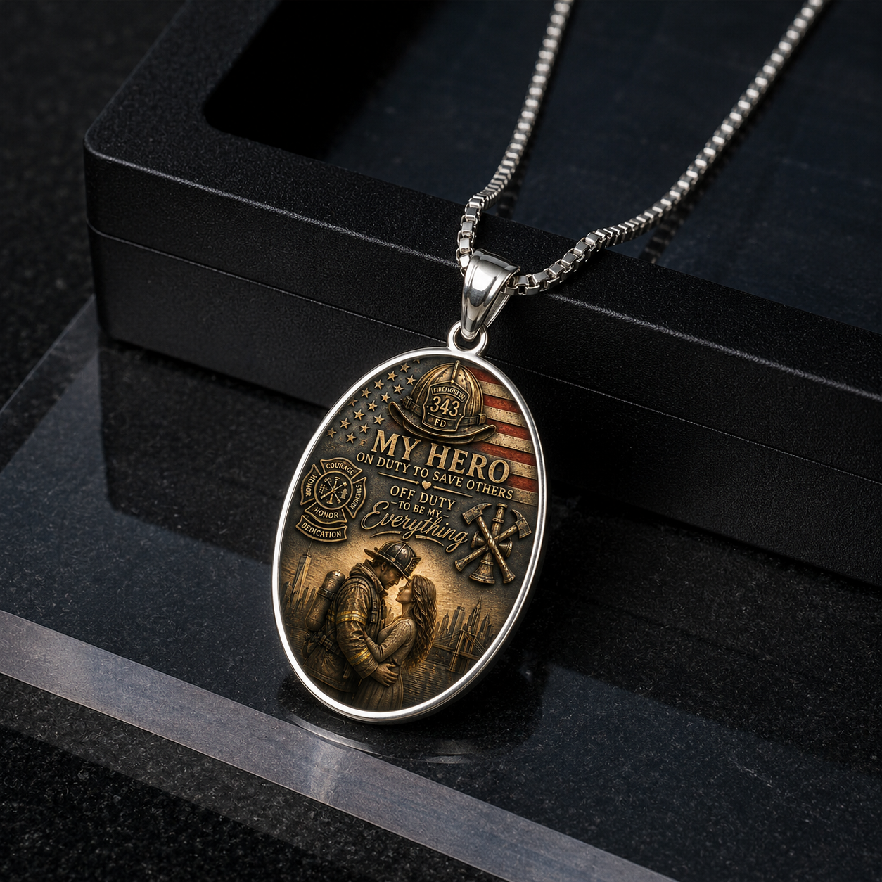 Firefighter Oval Pendant — "My Hero: On Duty to Save Others, Off Duty to Be My Everything" - Image 3