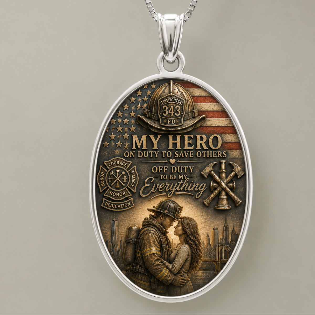 Firefighter Oval Pendant — "My Hero: On Duty to Save Others, Off Duty to Be My Everything" - Image 2