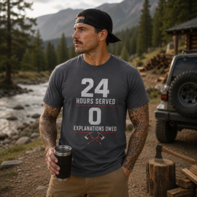Alternative view of T-Shirt — "24 Hours Served, 0 Explanations Owed" Firefighter Tribute Tee