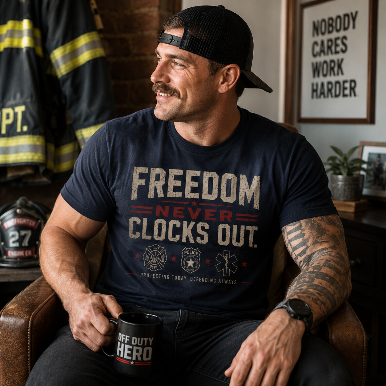 Freedom Never Clocks Out T‑Shirt — Patriotic Veterans & First Responders Tribute
