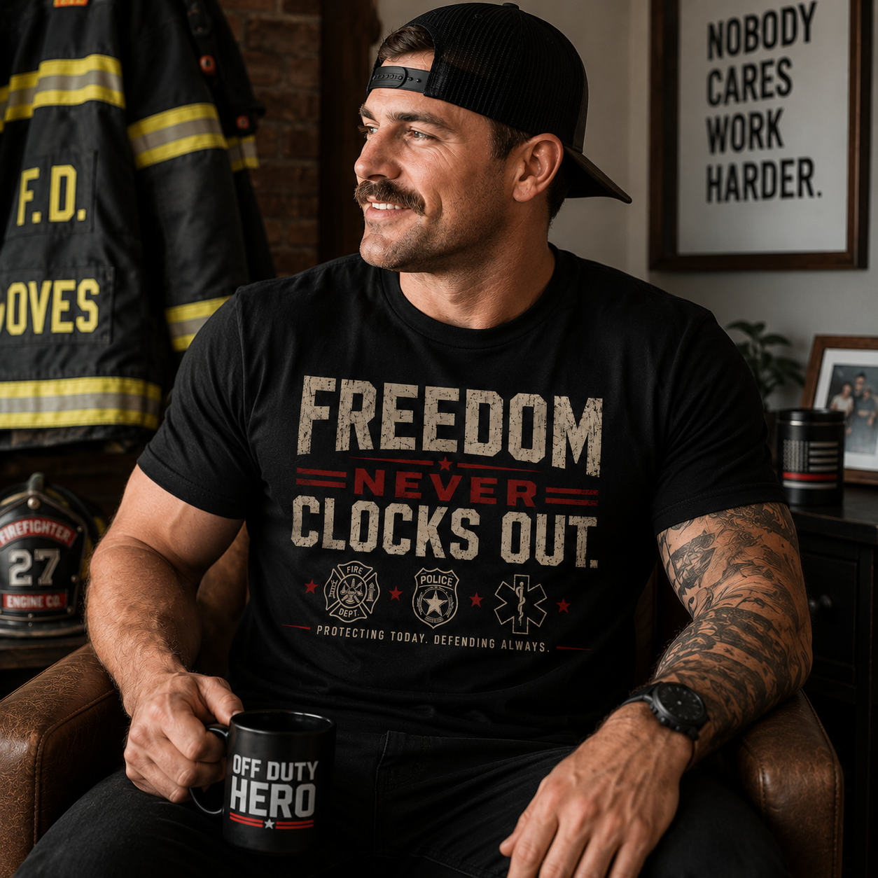 Freedom Never Clocks Out T‑Shirt — Patriotic Veterans & First Responders Tribute - Image 3