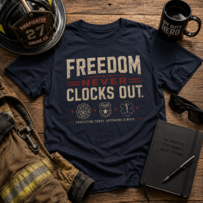 Alternative view of Freedom Never Clocks Out T‑Shirt — Patriotic Veterans & First Responders Tribute