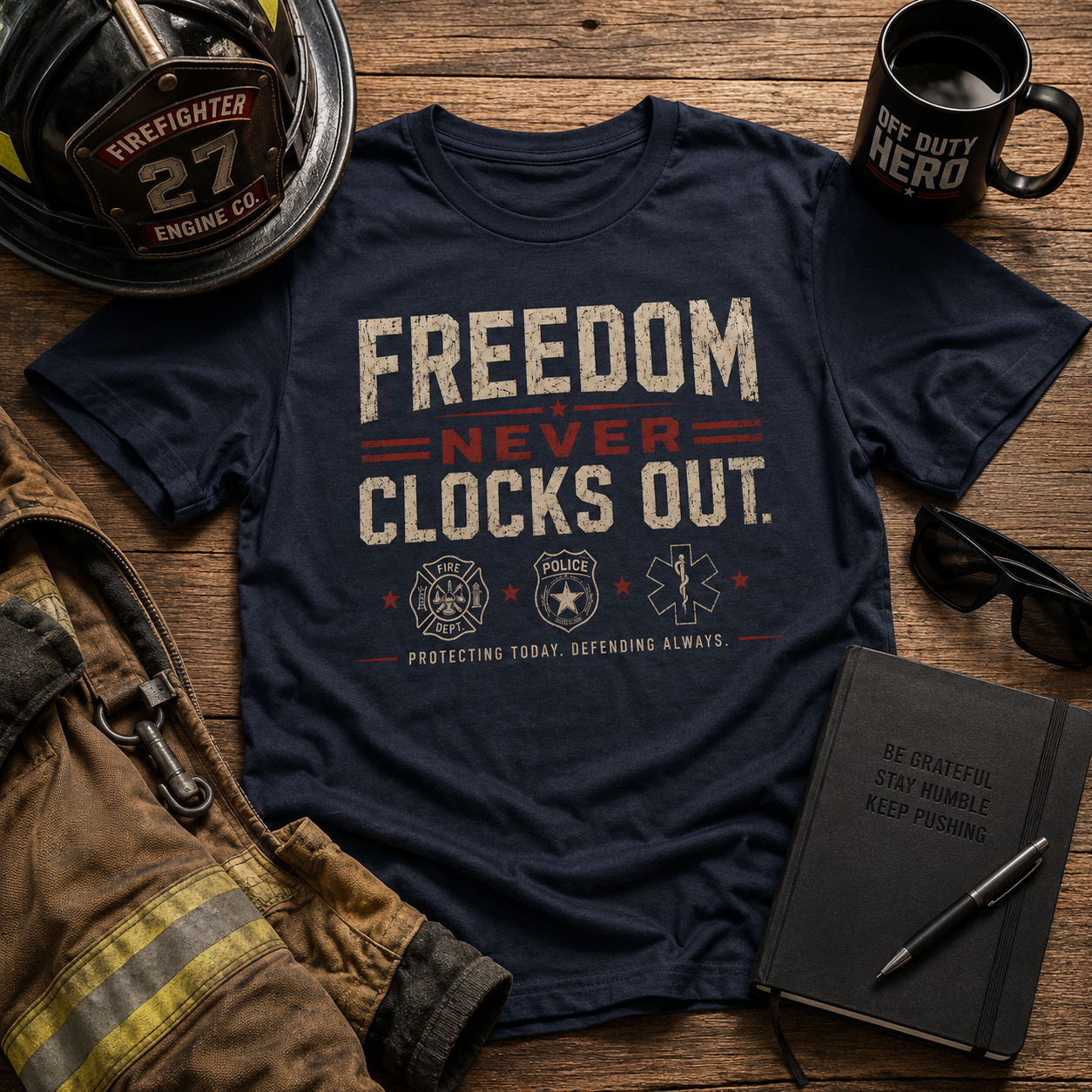 Freedom Never Clocks Out T‑Shirt — Patriotic Veterans & First Responders Tribute - Image 2