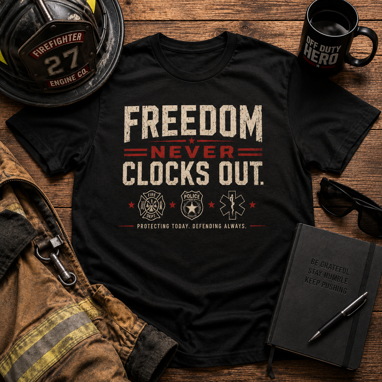 Freedom Never Clocks Out T‑Shirt — Patriotic Veterans & First Responders Tribute - Image 4
