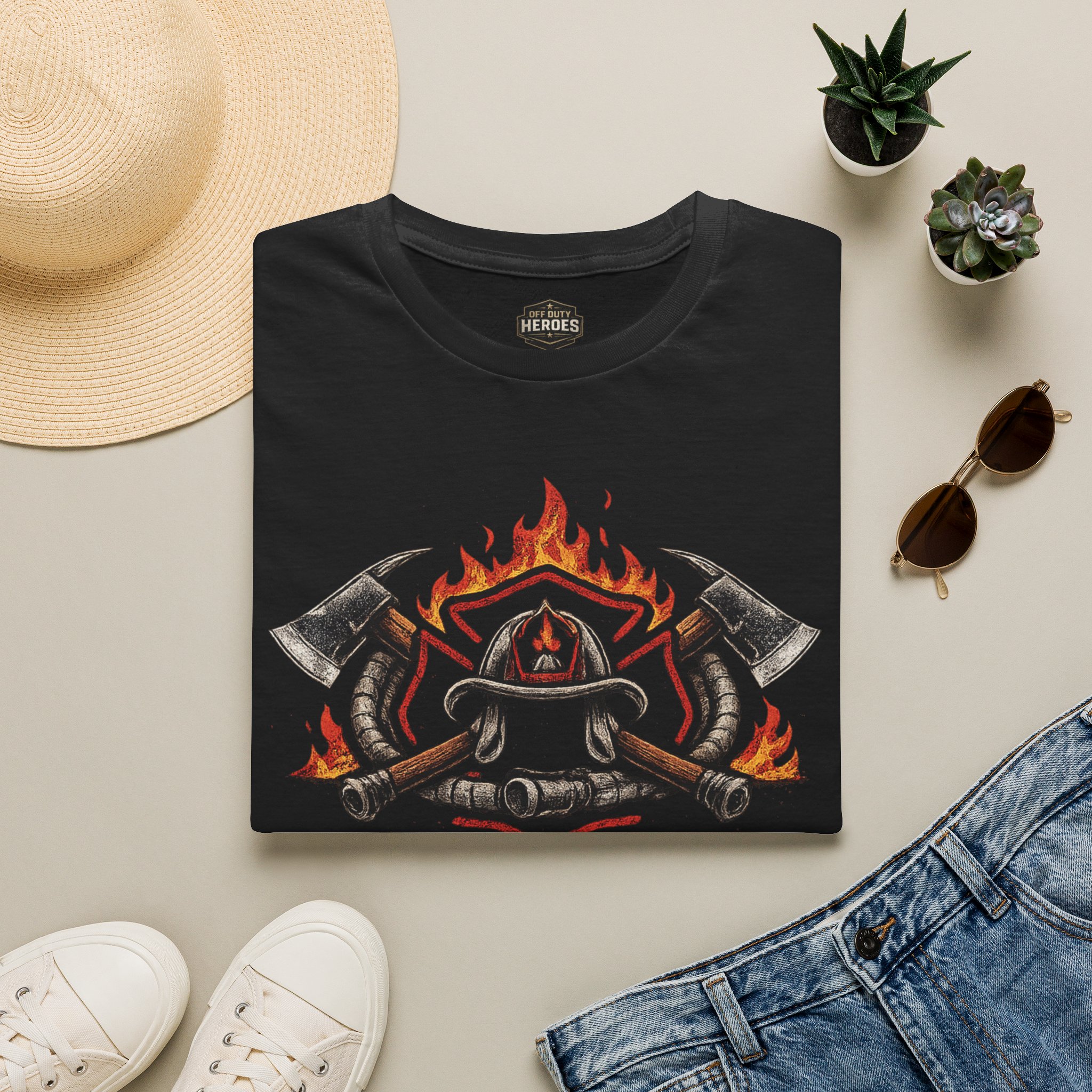 Fire Family T-Shirt — Firefighter Helmet, Axes & Flames Design - Image 2