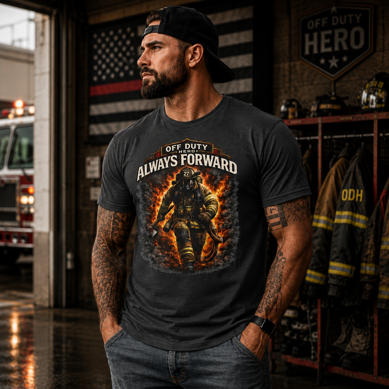 Firefighter Shirt | Off Duty Hero Always Forward Firefighter T-Shirt - Image 3