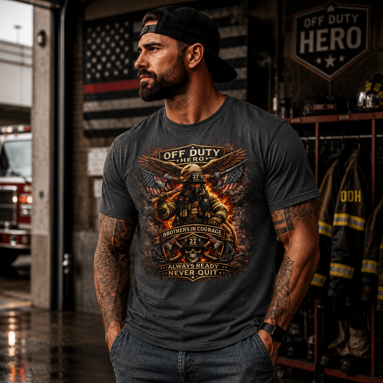 Off Duty Hero Always Ready Never Quit Firefighter T-Shirt | Firefighter Lifestyle Tee Gift for Firemen - Image 3