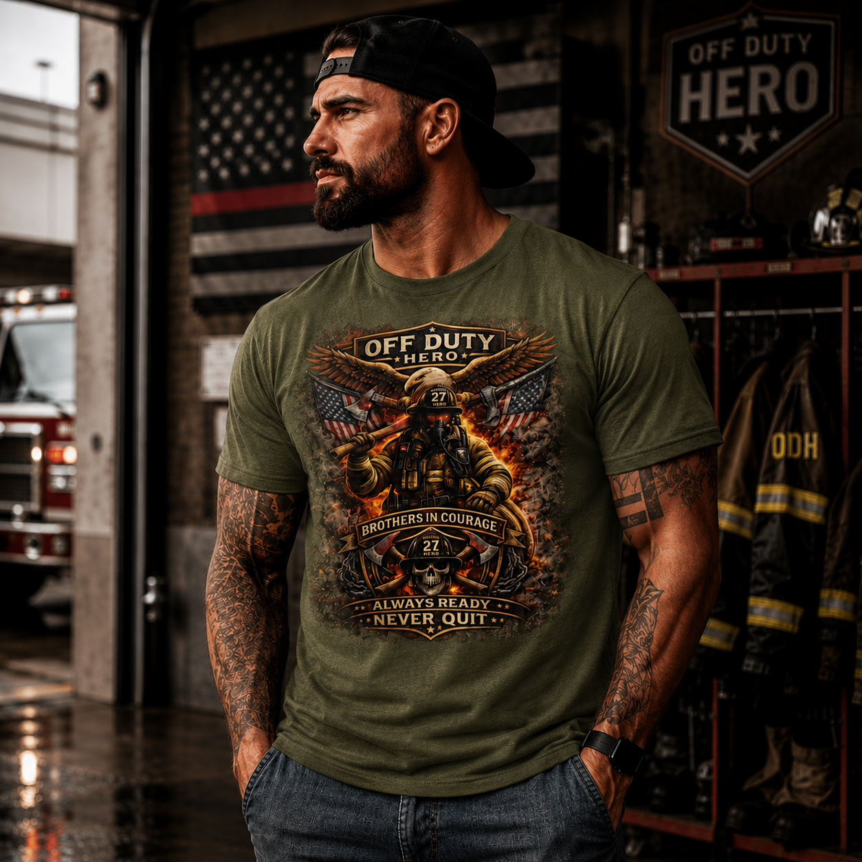 Off Duty Hero Always Ready Never Quit Firefighter T-Shirt | Firefighter Lifestyle Tee Gift for Firemen - Image 2