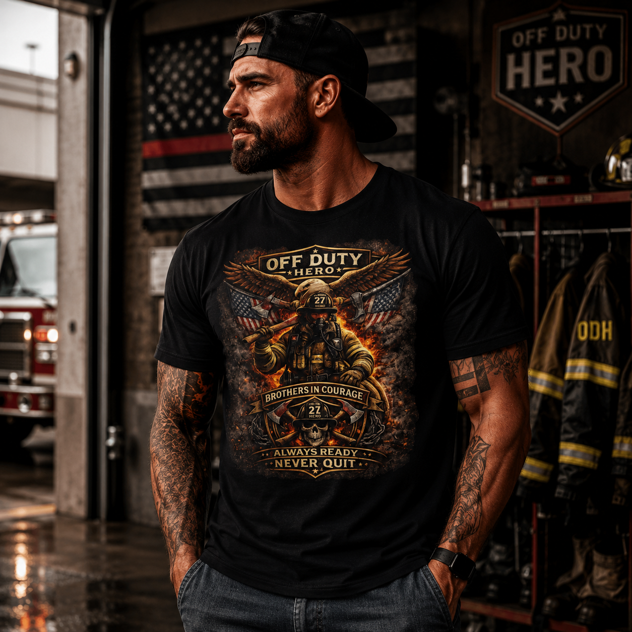 Off Duty Hero Always Ready Never Quit Firefighter T-Shirt | Firefighter Lifestyle Tee Gift for Firemen