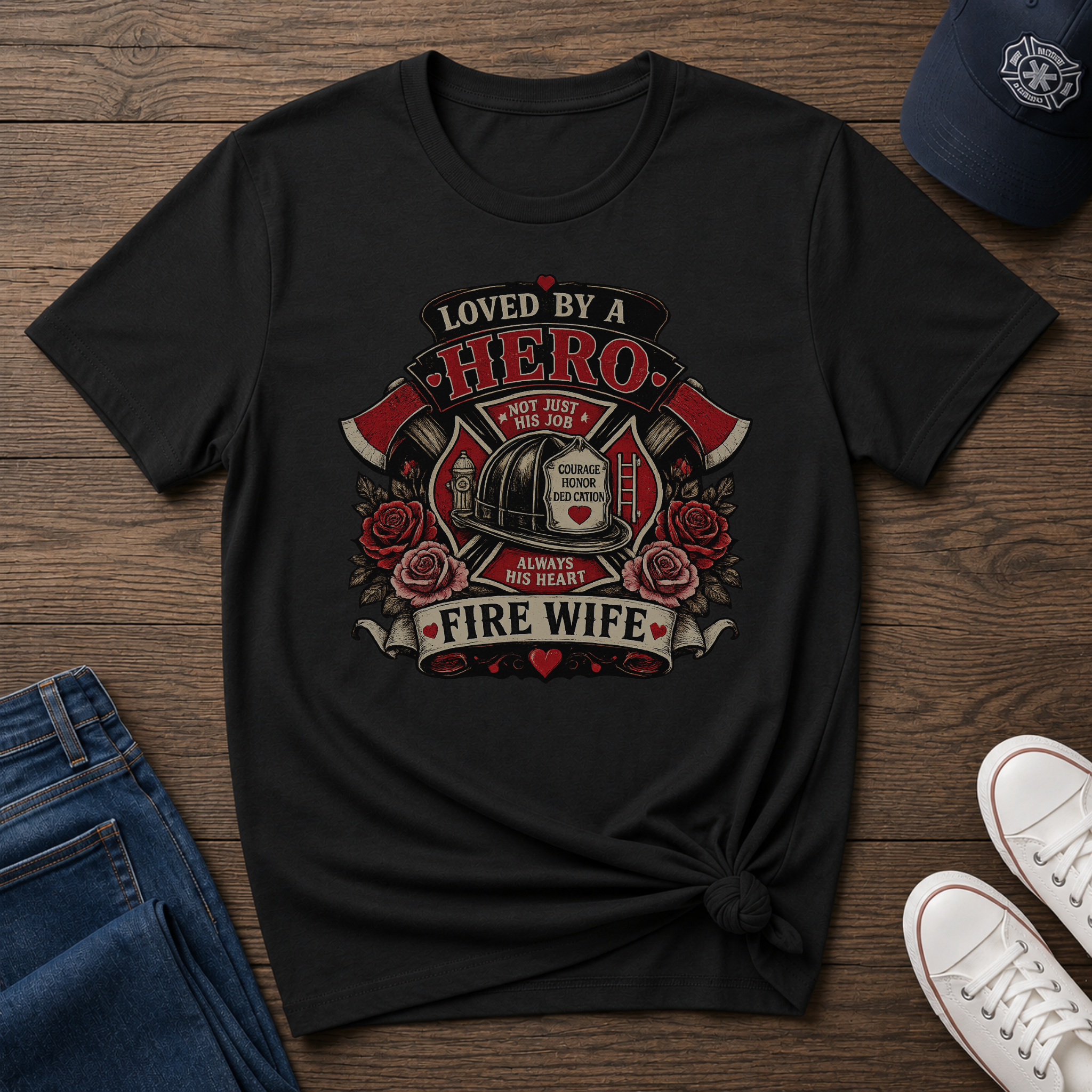 Loved By A Hero Fire Wife Shirt – Firefighter Wife Graphic T-Shirt - Image 3