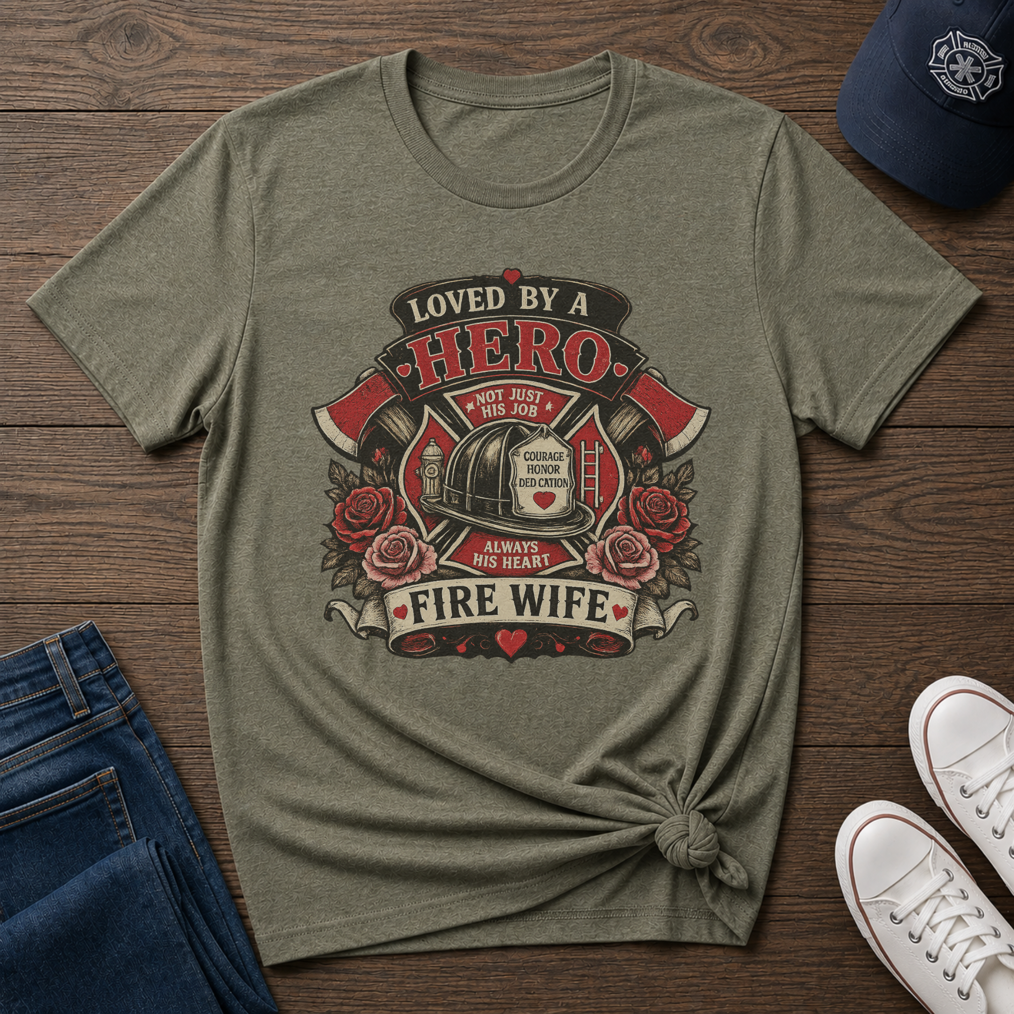 Loved By A Hero Fire Wife Shirt – Firefighter Wife Graphic T-Shirt - Image 4