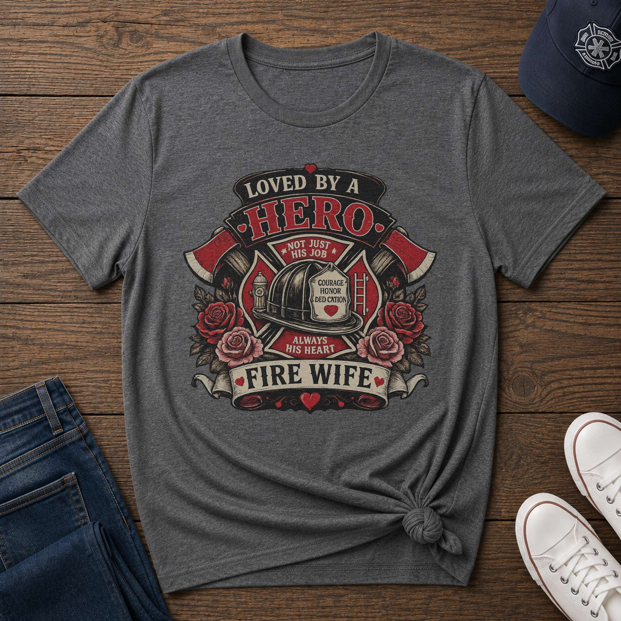 Loved By A Hero Fire Wife Shirt – Firefighter Wife Graphic T-Shirt - Image 2