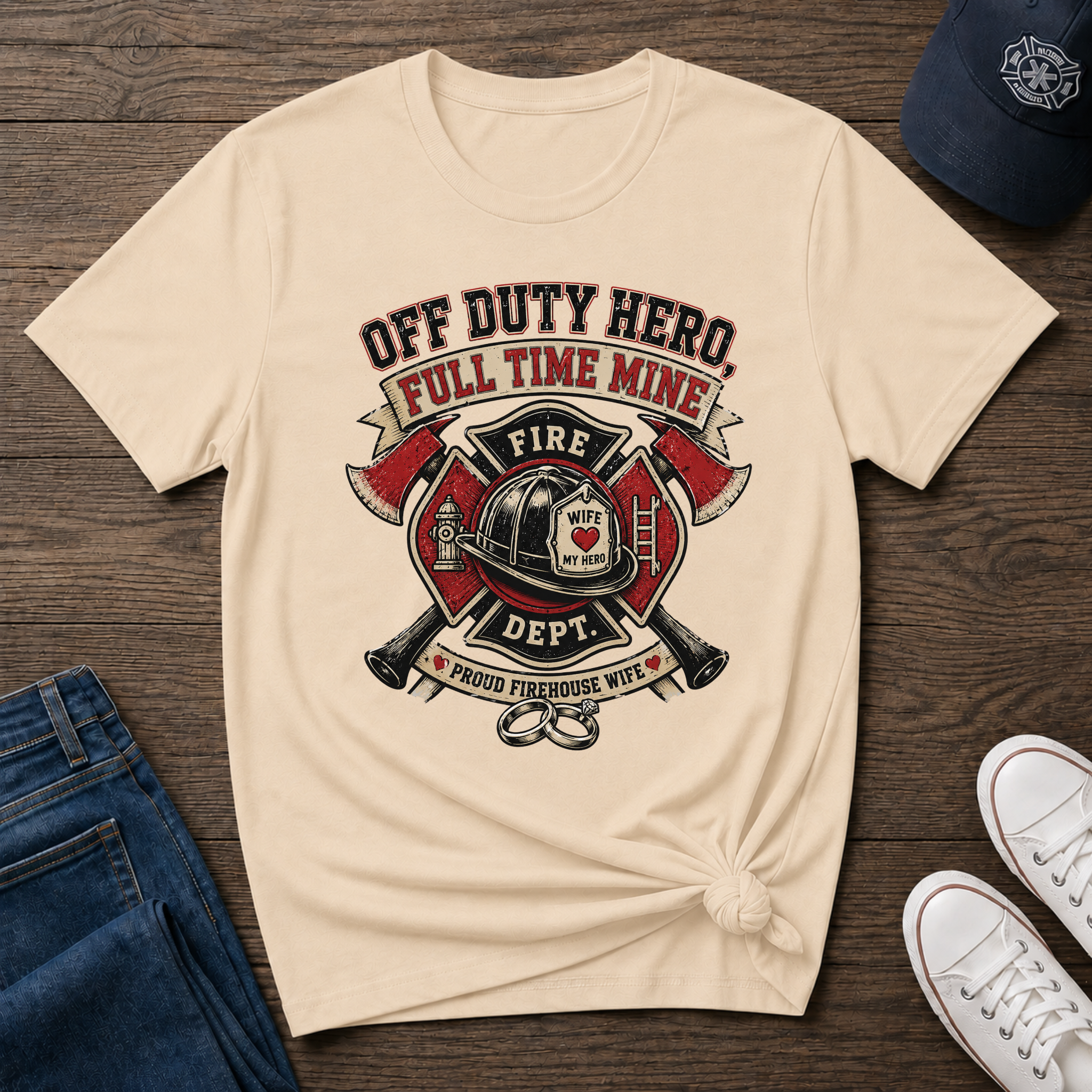 "Off Duty Hero, Full Time Mine" Firefighter Wife Graphic Tee - Image 3