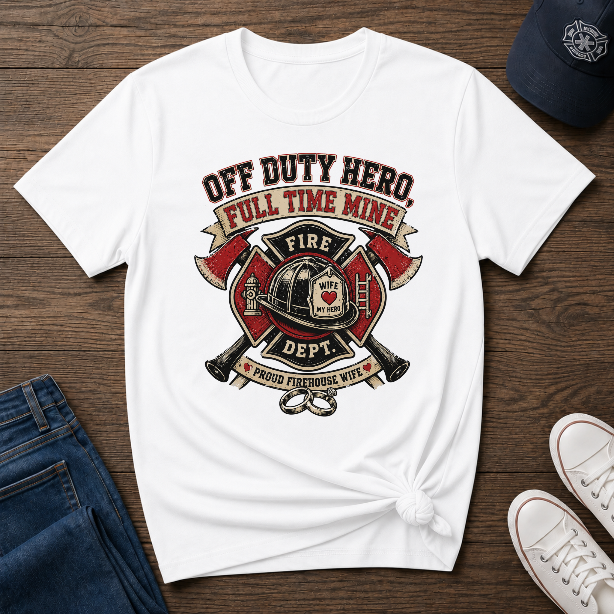 "Off Duty Hero, Full Time Mine" Firefighter Wife Graphic Tee - Image 2