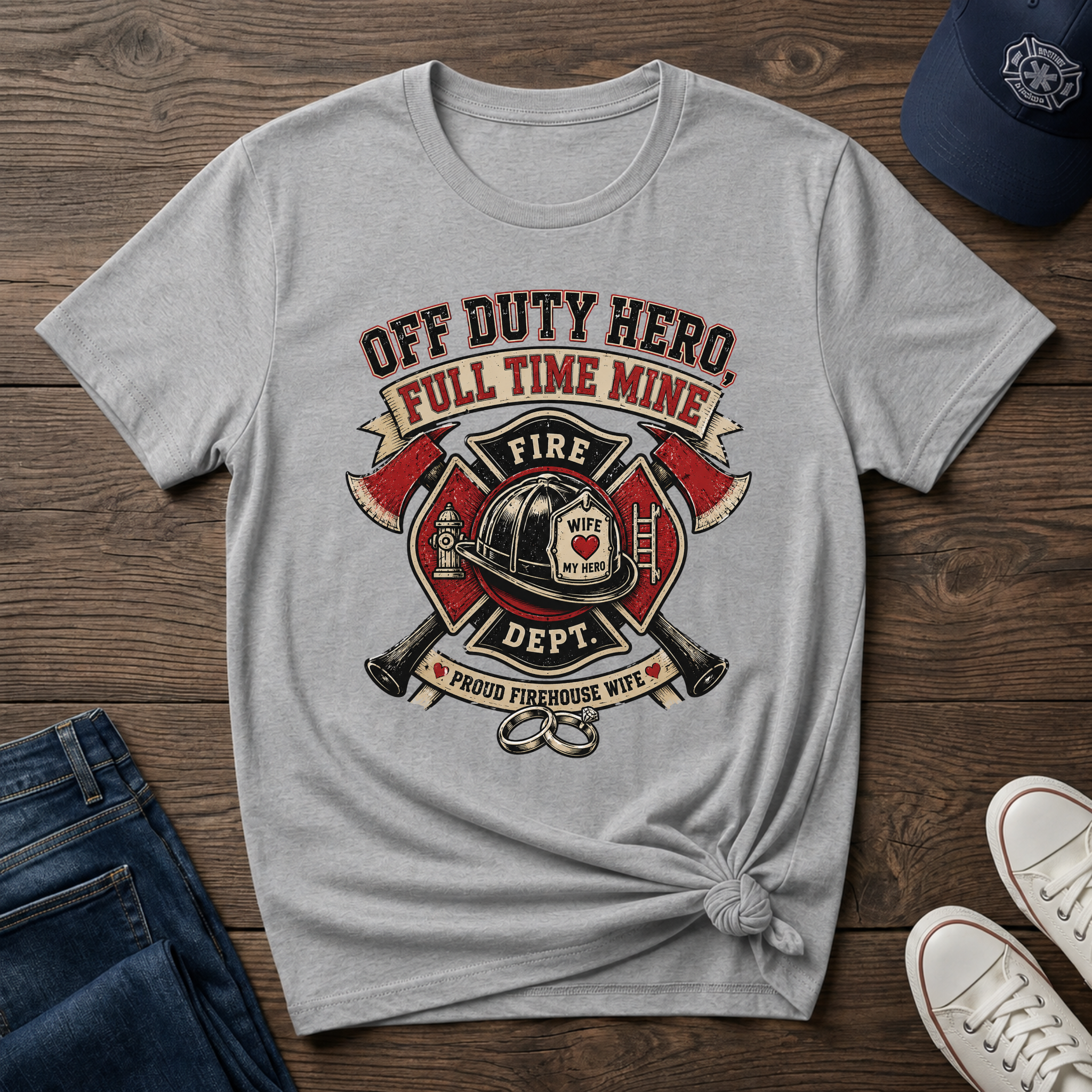 "Off Duty Hero, Full Time Mine" Firefighter Wife Graphic Tee - Image 4