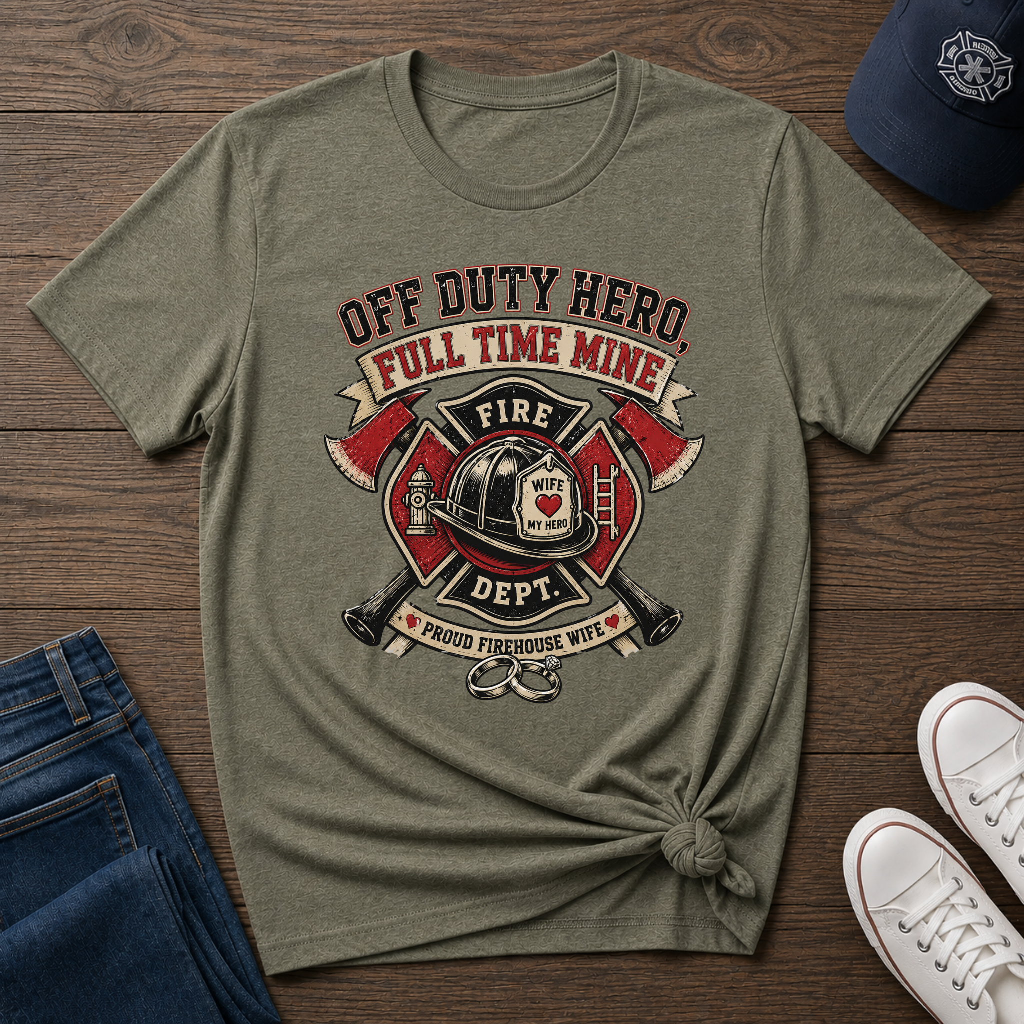 "Off Duty Hero, Full Time Mine" Firefighter Wife Graphic Tee - Image 5