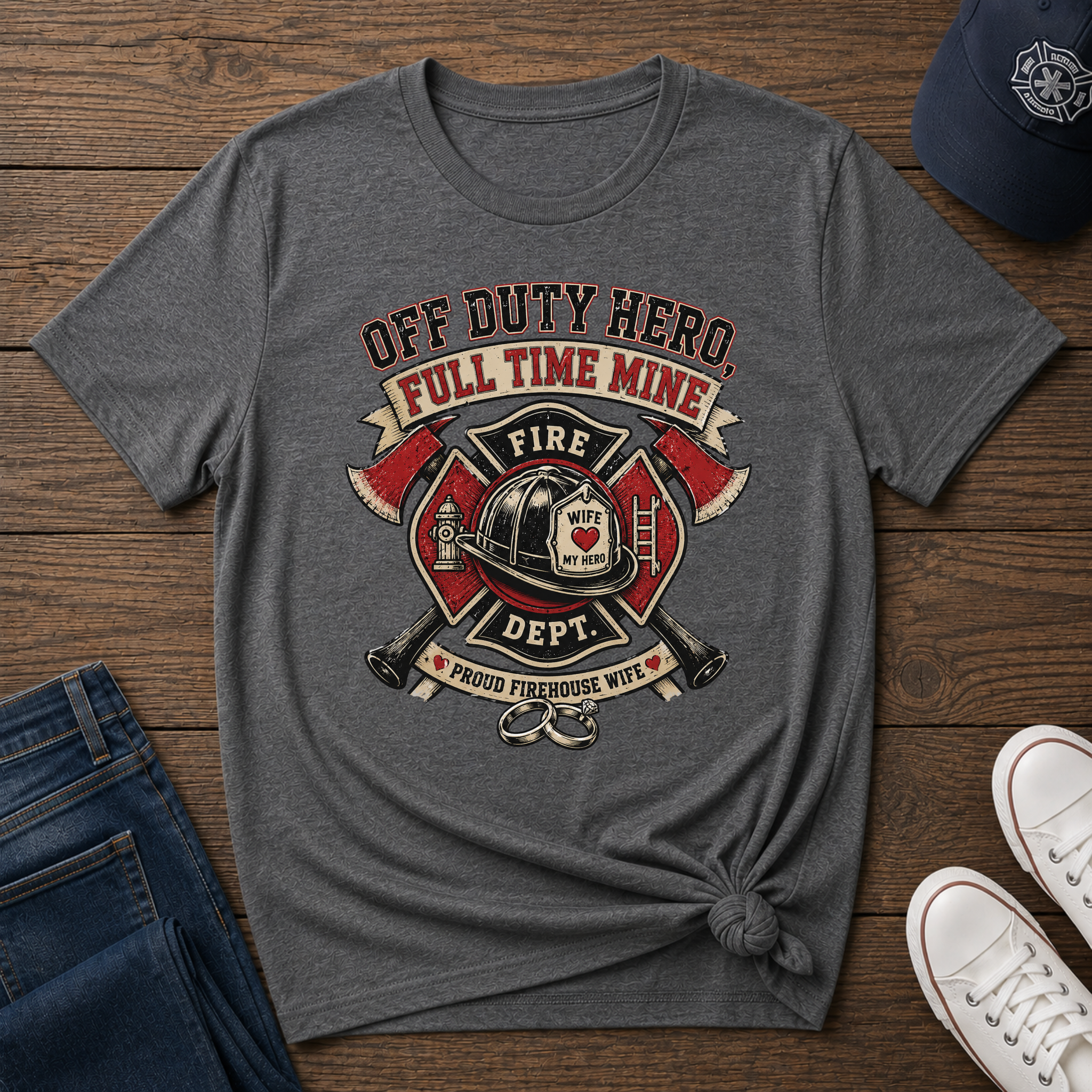 "Off Duty Hero, Full Time Mine" Firefighter Wife Graphic Tee
